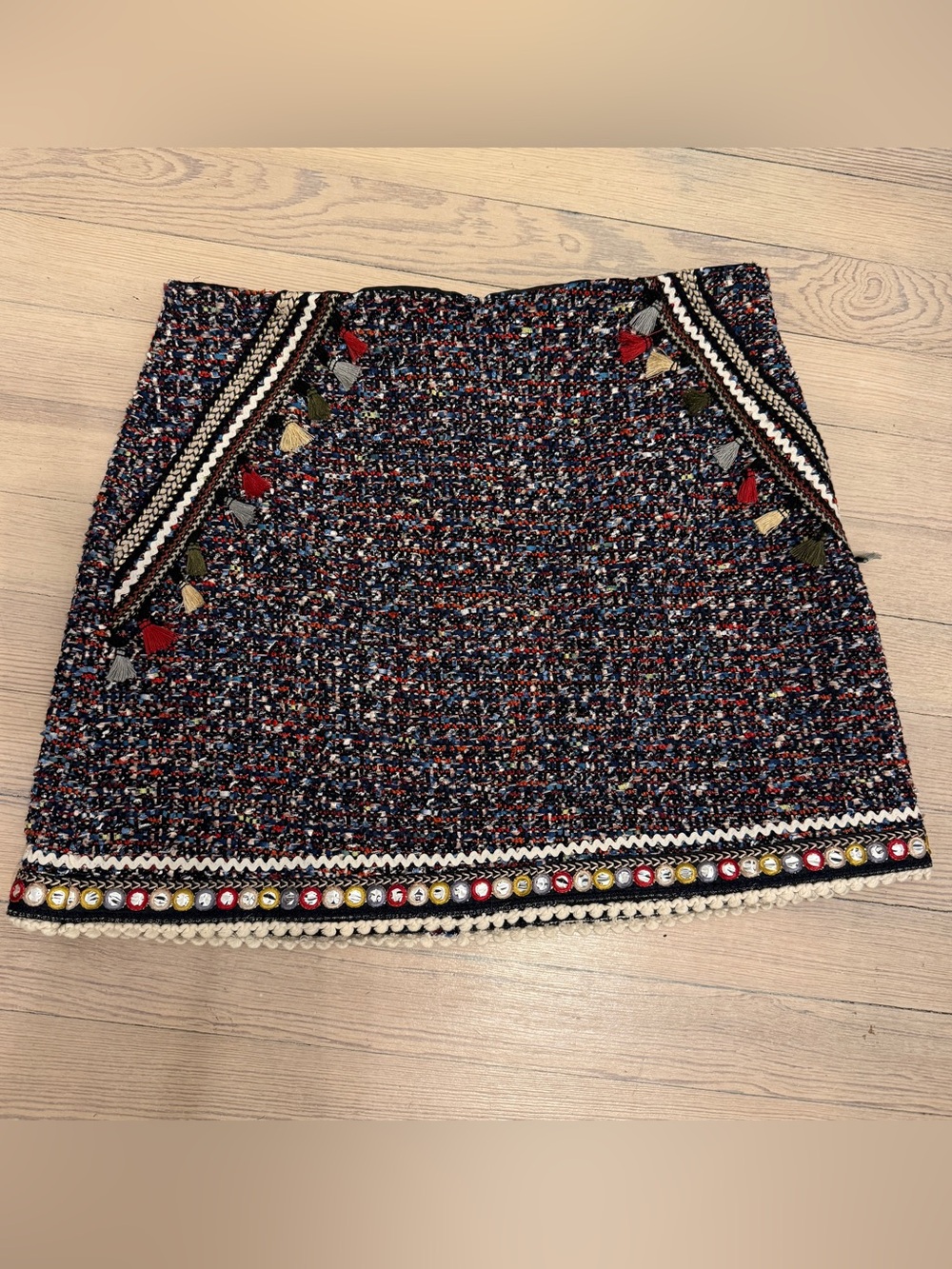 ZARA Women’s Embellished Tweed Mini Skirt Tassel Beaded Boho Size XL